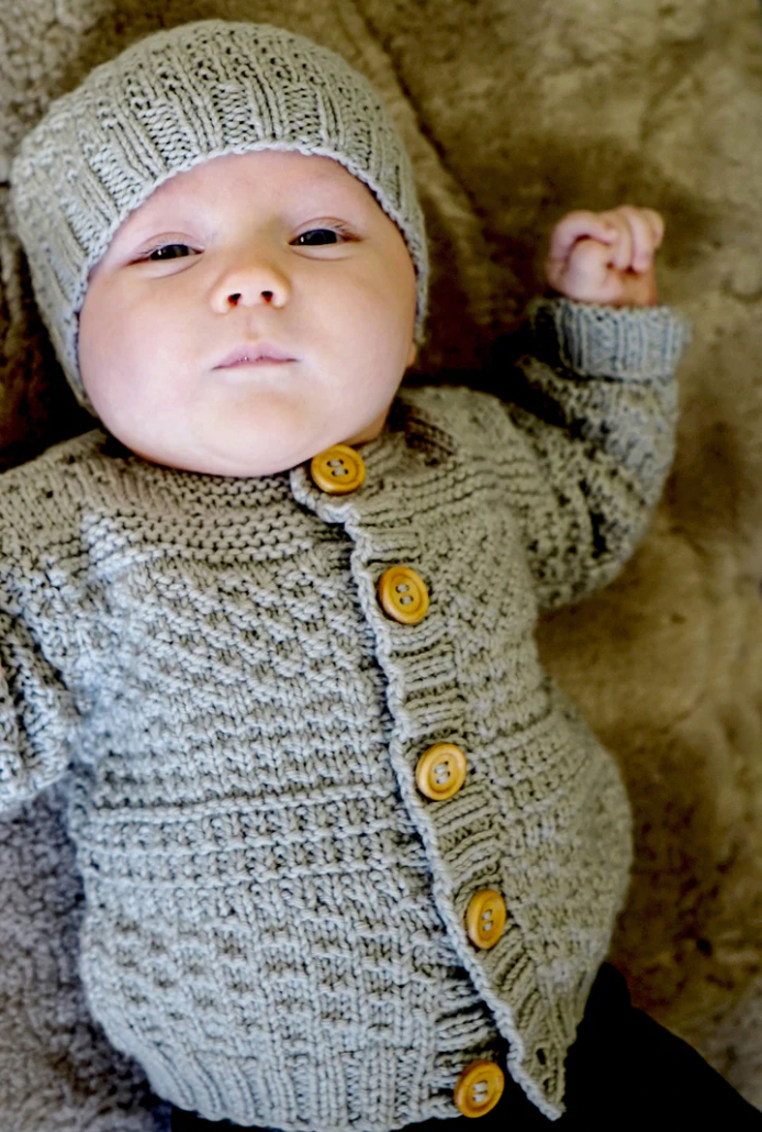 BC64 Austin Cardigan and Beanie Knitting Pattern | Easy Beginner Pattern for Matching Set.