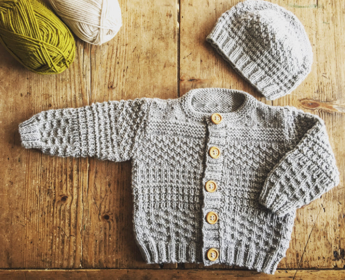 BC64 Austin Cardigan and Beanie Knitting Pattern | Easy Beginner Pattern for Matching Set.